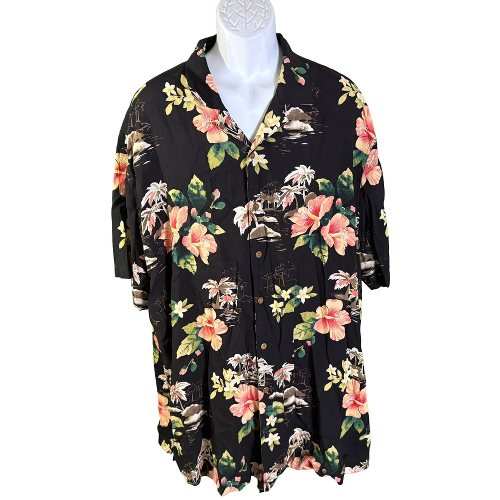 Caribbean Button Front Shirt Mens 3XB Black Tropical Floral Rayon Camp Aloha